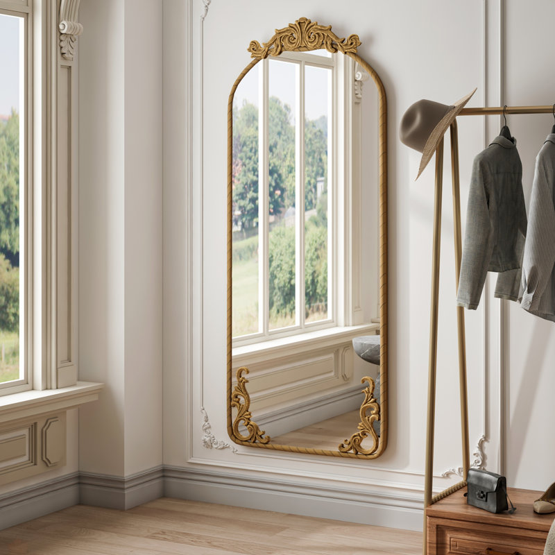 58"X24" Arched Full Body Mirror With Vintage Ornate Carved Applique On Top And Bottom, Hanging Wall Mounted Mirror, For Living Room Bedroom Retro Home Decor Mirror, Bronze