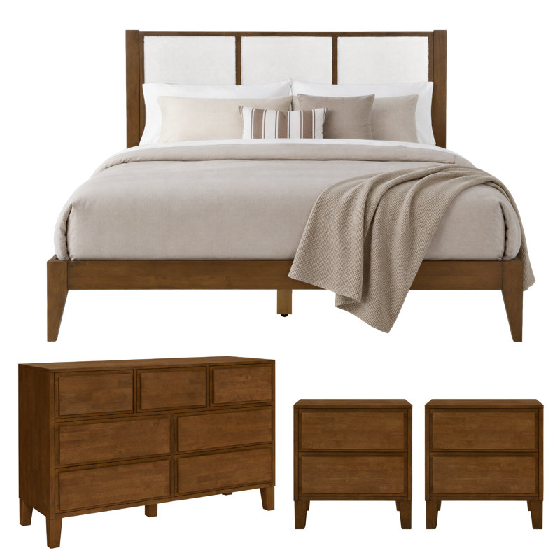 Tête de lit rembourrée en bois massif bouclé Knighten, ensemble de chambre à coucher 5 pièces, Noyer, Très grand lit