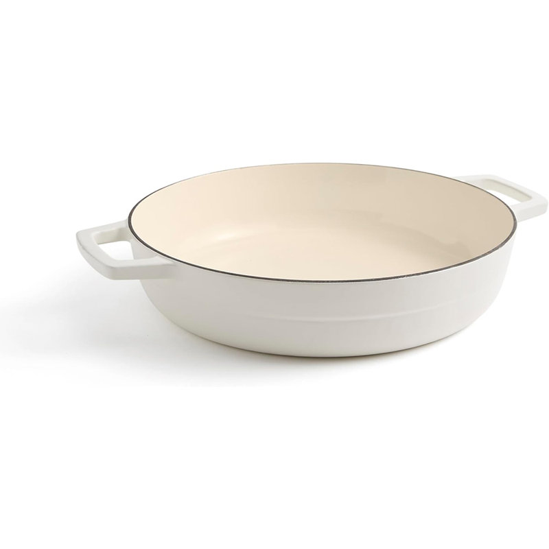 White Enameled Cast Iron Round Braiser with Lid
