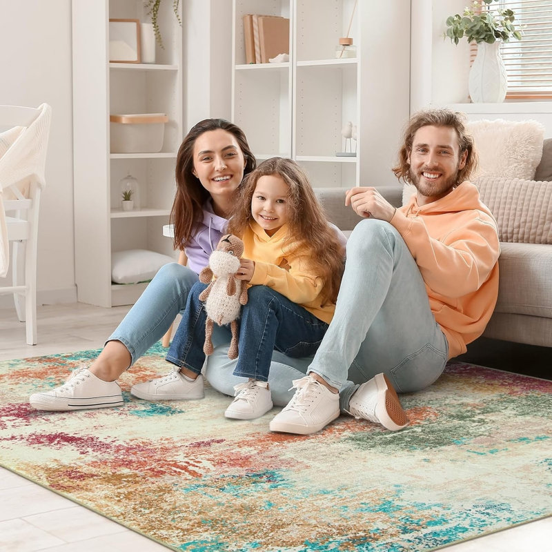Pastel Abstract Wash Rug 5' x 7' for Bedroom, Multicolor Beige