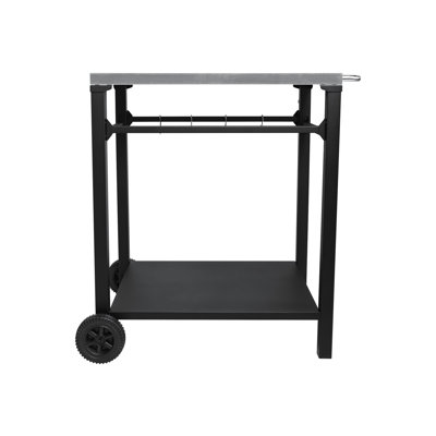 Chariot de barbecue extérieur avec configuration à 2 niveaux, plateau en acier inoxydable, structure en métal noir, grandes roues, crochets à outils, table de préparation pour barbecue, cour arrière, support à four à pizza, roues faciles à déplacer