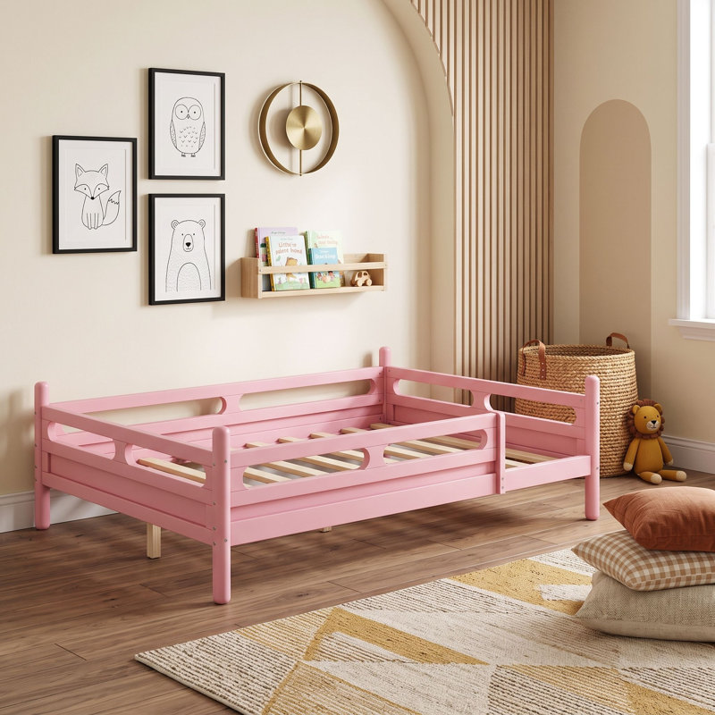 Lit plateforme en bois avec garde-corps, Lit double, Pink