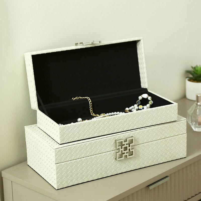 Alfey 2 Piece Jewellery Boxes for Bedroom Furniture, Faux Leather Decoration Wooden Storage Boxes, Grey