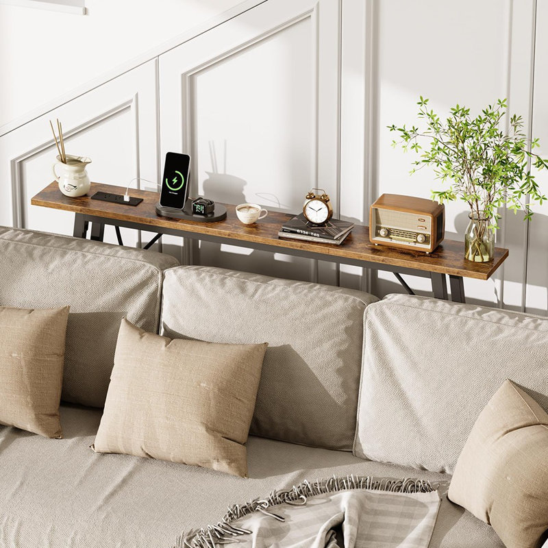 47'' Skinny Console Table With Charging Station And LED Light, Narrow Sofa Table With Power Outlets And Type C & USB Port, Behind Couch Table, For Living Room, Entryway, Hallway, Rustic Brown