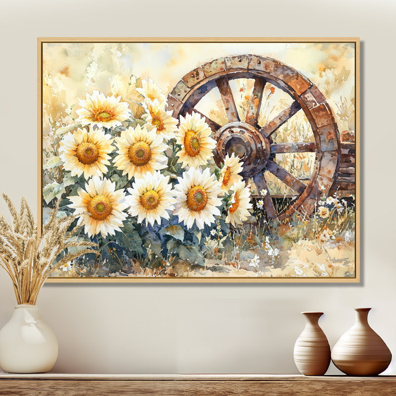 Doten tournesols par roue de chariot, H 24 po x l 32 po, Impression encadrée flottante, Crème, crème