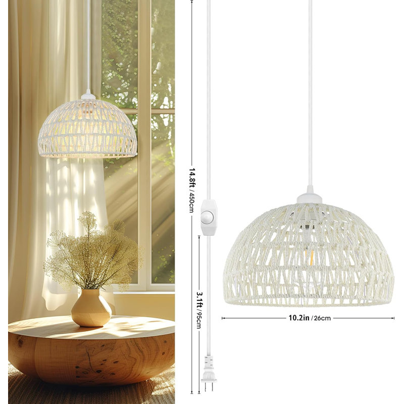Plug in Pendant Light, 15FT Hemp Rope Cord,Hanging Light with Plug in Cord Rattan Hanging Lamp