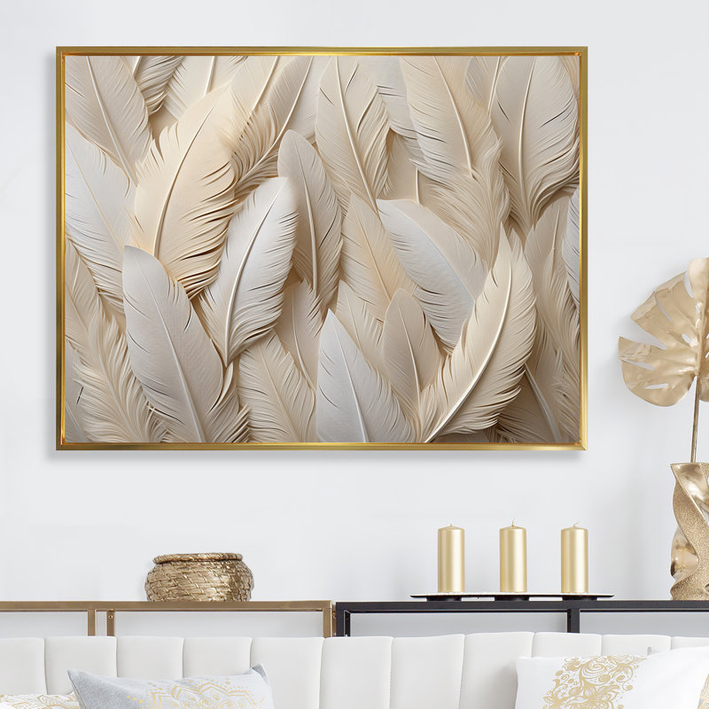 Plumes de plumes - art encadré de plumes, H 34 po x l 44 po x P 1,5 po, Cadre flottant doré