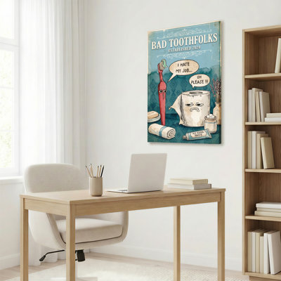 Bad Toothfolks Vintage Cartoon Canvas Wrapped Wall Art Oil Painting Print With Toothbrush And Toilet Paper Characters For Bathroom Decor (Set Of 1)