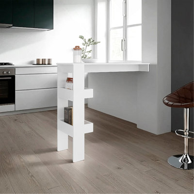 Table de bar blanche avec trois tablettes latérales ouvertes
