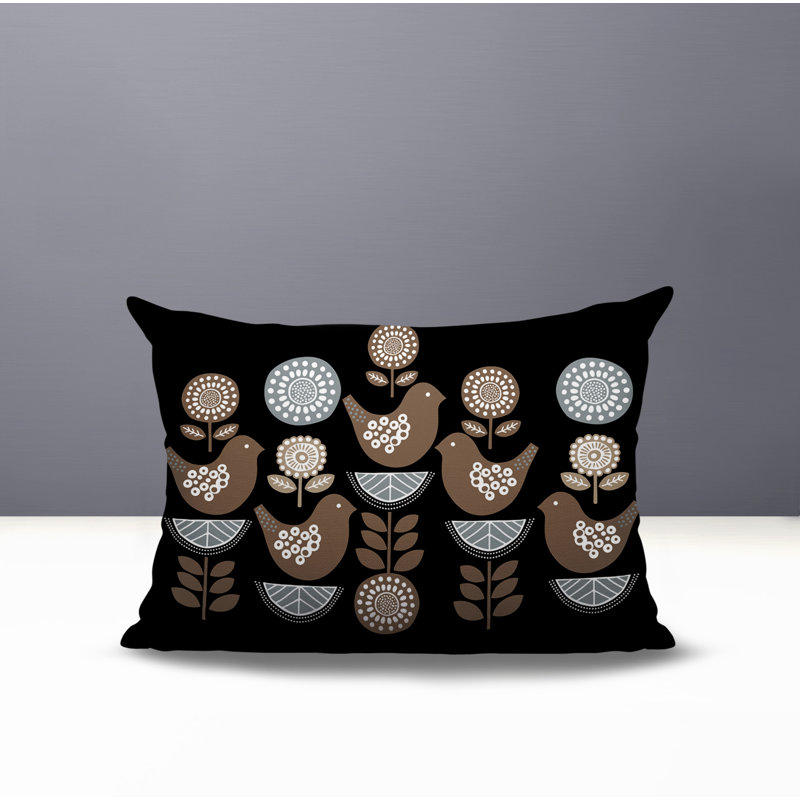 Oreiller rectangulaire intérieur / extérieur réversible Lina Bird, Rectangle H 14 po x l 20 po, Noir