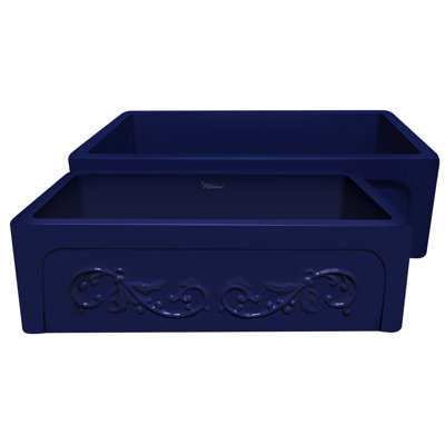 Whitehaus 33” Reversible Single Bowl Fireclay Kitchen Sink: Roman Vine, Beveled Front Apron
