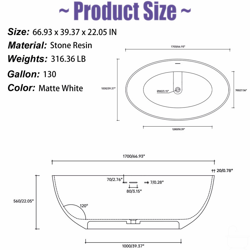 67" Premium Solid Surface Deep Soaking Bathtub