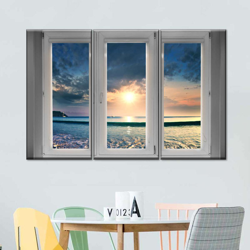 «Beach Sunsets And Sunrises Window To Beach Scene», ensemble de 3 pièces, H 24 po x l 38 po x P 1,25 po
