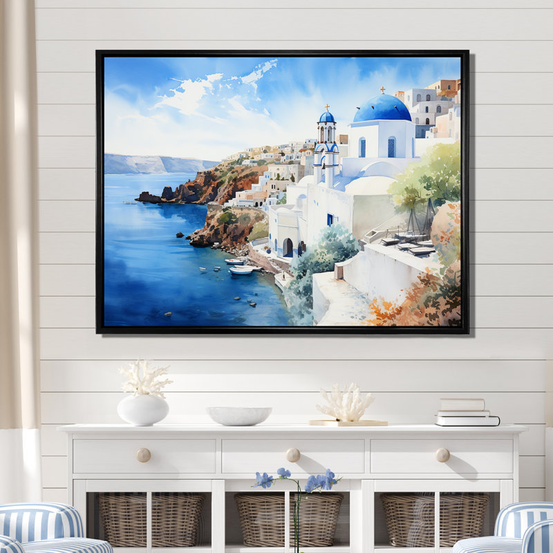 Grèce «Santorini Coastal View I», art mural Grèce, Cadre flottant noir, H 12 po x l 20 po x P 1 po