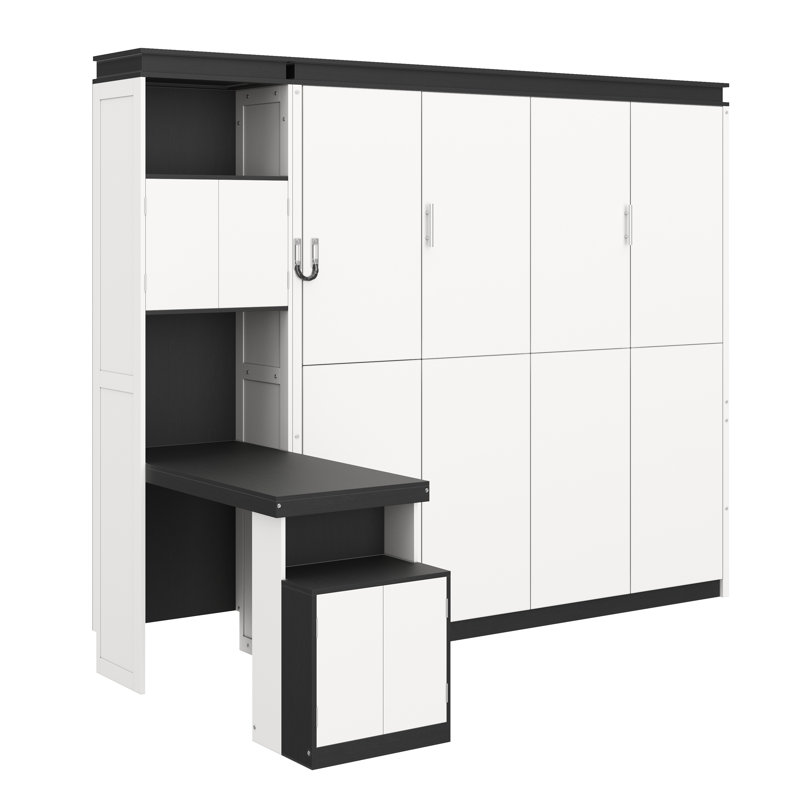 Lit escamotable blanc Queen Size avec bureau intégré, étagères et armoires de rangement, meuble de chambre multifonctionnel gain de place