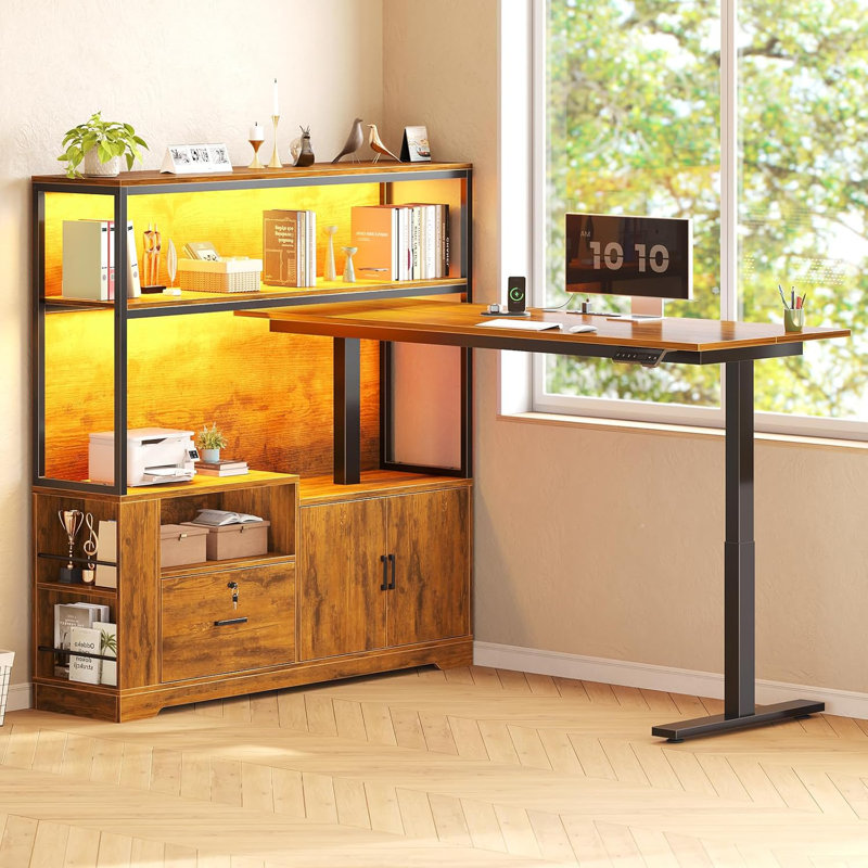 L Shaped Standing Desk, Adjustable Height Desk Reversible Computer Office Desk With Drawers & Hutch, Brown