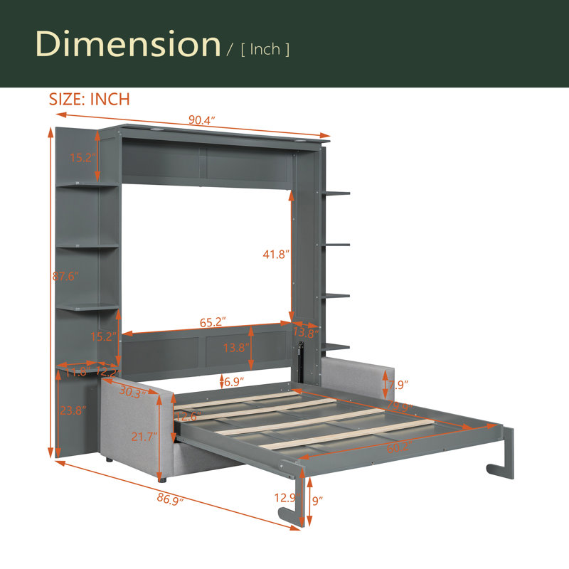 Queen Size Murphy Bed Wall Bed With Sofa, Grey