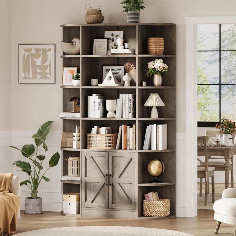 75" Tall 6-Tier Wooden Bookshelf with Storage Cabinet and Doors - Wide Organizer, Gray