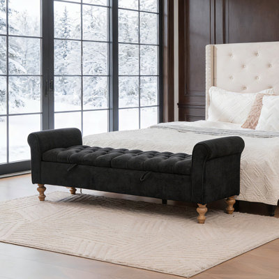 Chira Black Napped Fabric Upholstered with Arms Bench ,Flip Top Ottoman with Storage