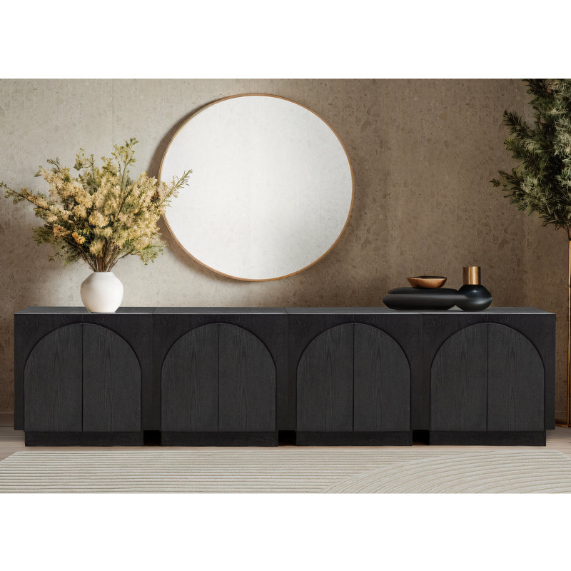  Aurelie 4 Piece Modular Solid Wood Arched Storage Cabinet Credenza, Black