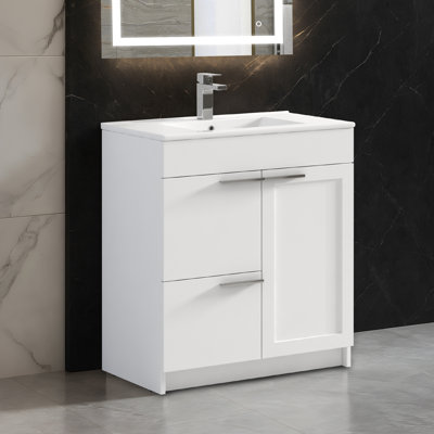 Meuble-lavabo simple 30 po avec lavabo en céramique encastrable par le dessus - Portes à fermeture en douceur, tiroir de rangement, finition résistante à l'humidité - Armoire de rangement moderne avec lavabo