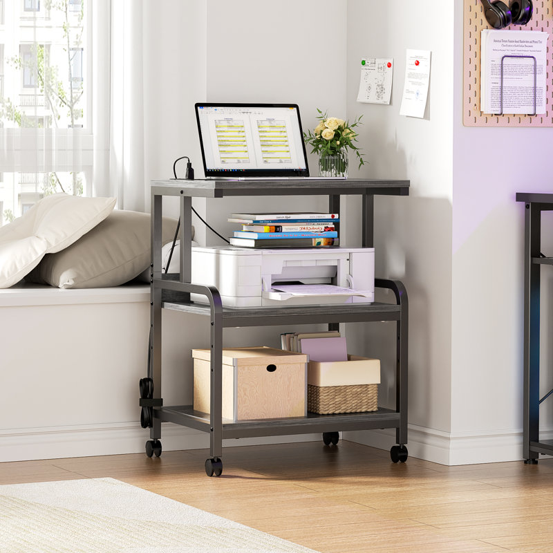 30.3'' H x 23.6'' W Printer Stand with Charging Station And Wheels, Grey Wood
