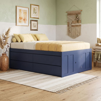 4 Drawers Platform Bed Frame with Slat Support and Side Storage Door