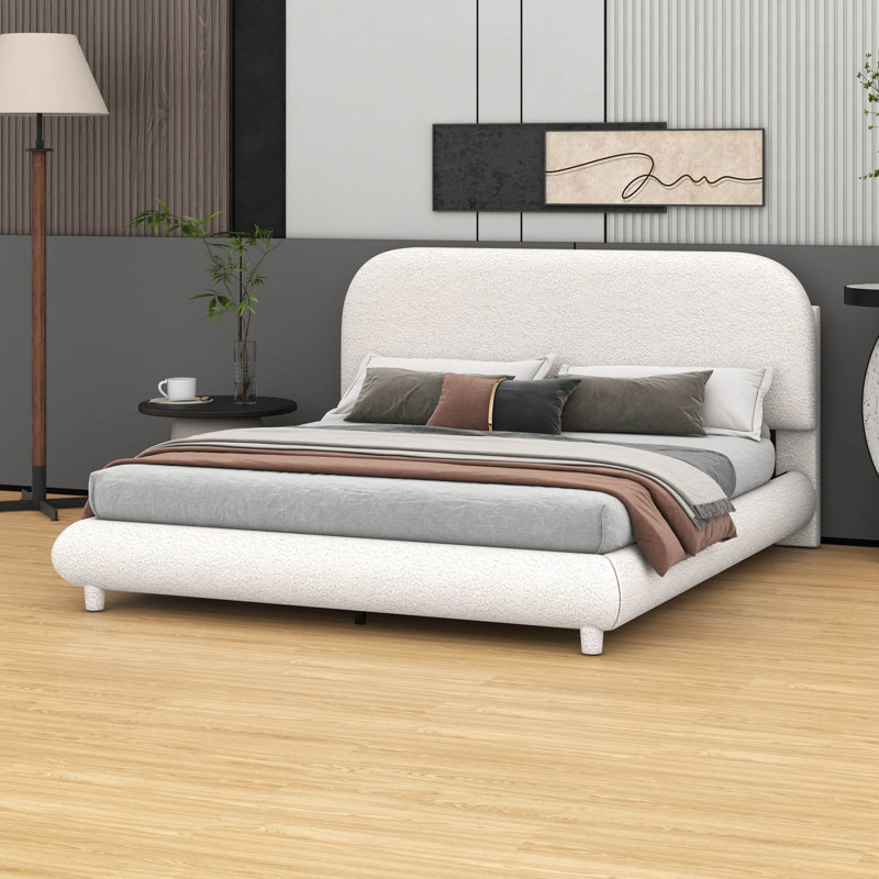 Lit plateforme en tissu d'ameublement Teddy, Beige, Grand lit
