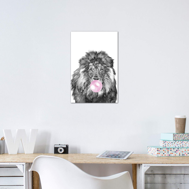 «Bubble Gum Lion» par Big Nose Work - impression d'art graphique, H 12 po x l 8 po x P 0,75 po, Toile tendue, Aucun mat