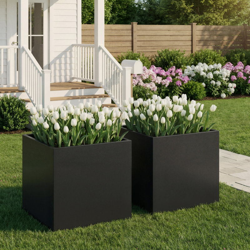 Ensemble de 2 boîtes à fleurs rectangulaires en métal avec trous de drainage, contenant de plantes d'extérieur pour patio, cour ou balcon