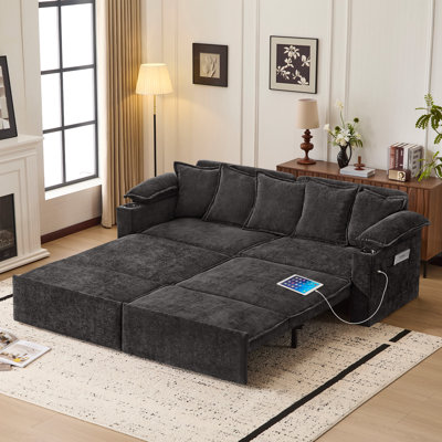 Canapé-lit gigogne avec rangement, canapé-lit convertible avec ports USB et porte-gobelets, canapé en chenille avec méridienne pour salon ou chambre d'amis
