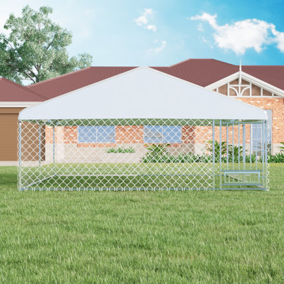 156" X156" Large Outdoor Dog Kennel, Heavy Duty Outdoor Dog Kennel With Waterproof Cover And Rotating Feeder, Galvanized Steel Metal Outside Dog Kenne