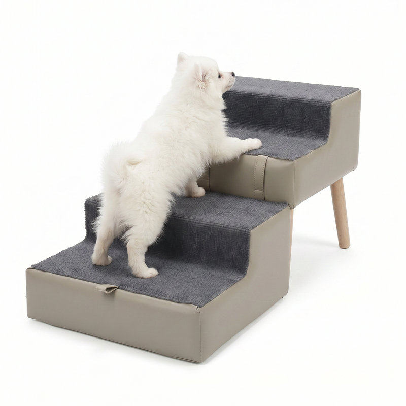 H 15,6 po H 2 en 1 pliable en bois pour chien avec escalier et repose-pieds antidérapant pour canapé, lit et véhicule - Gris clair