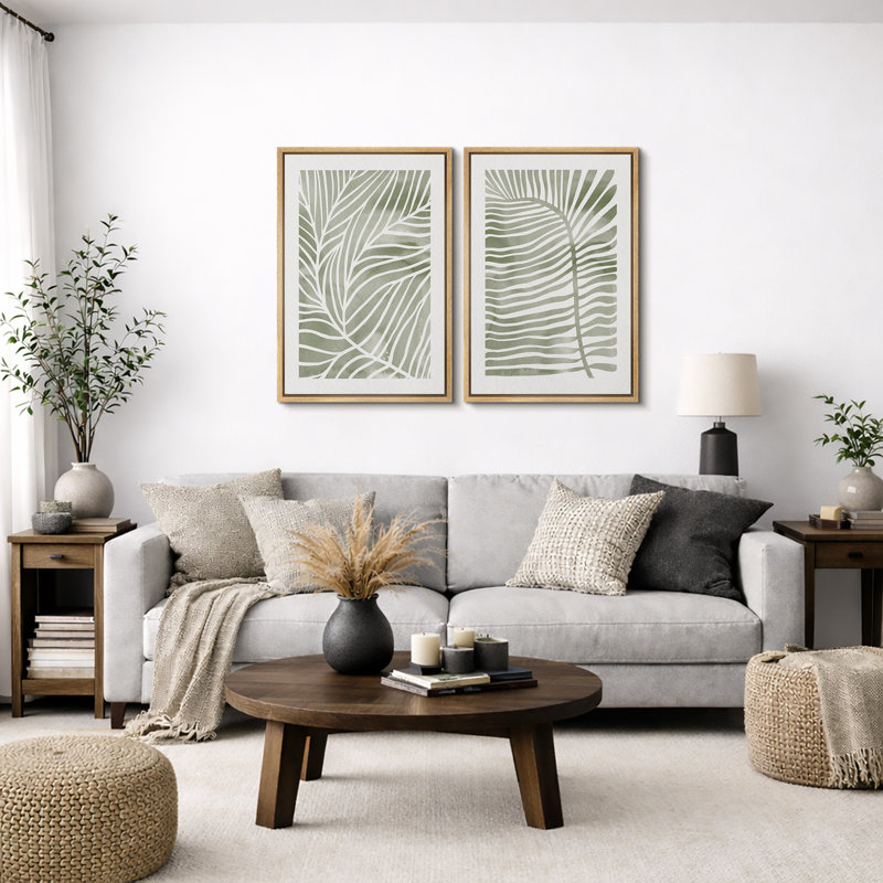 Abstract Botanical "Faded Sage Green Tropical Palm Tree Leaves Artwork, Modern Simple Minimalist Wall Pictures, Framed Canvas Giclee Print 2 Pieces Wall Art Set" 16x24x2 pcs, 24x36x2 pcs