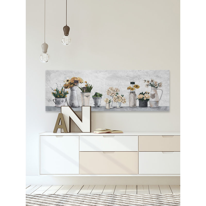 White Potted Flowers 1 Piece Wrapped Canvas Painting, 25cm H x 76cm W x 3.81cm D