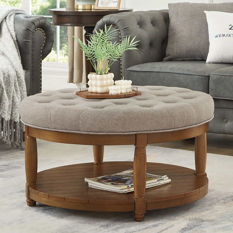 Grande table basse ronde avec repose-pieds rembourré en lin touffeté, grand repose-pieds avec rangement en bois et lin, Kaki