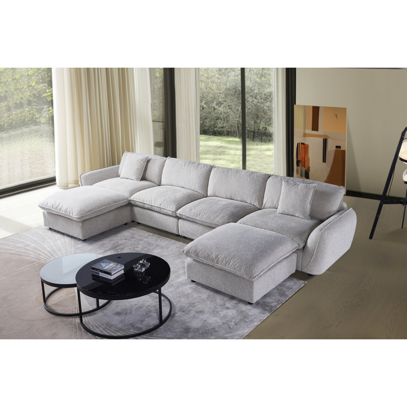 Très grand canapé modulaire rembourré en duvet 6 pièces avec repose-pieds Boucle, Chenille gris pâle