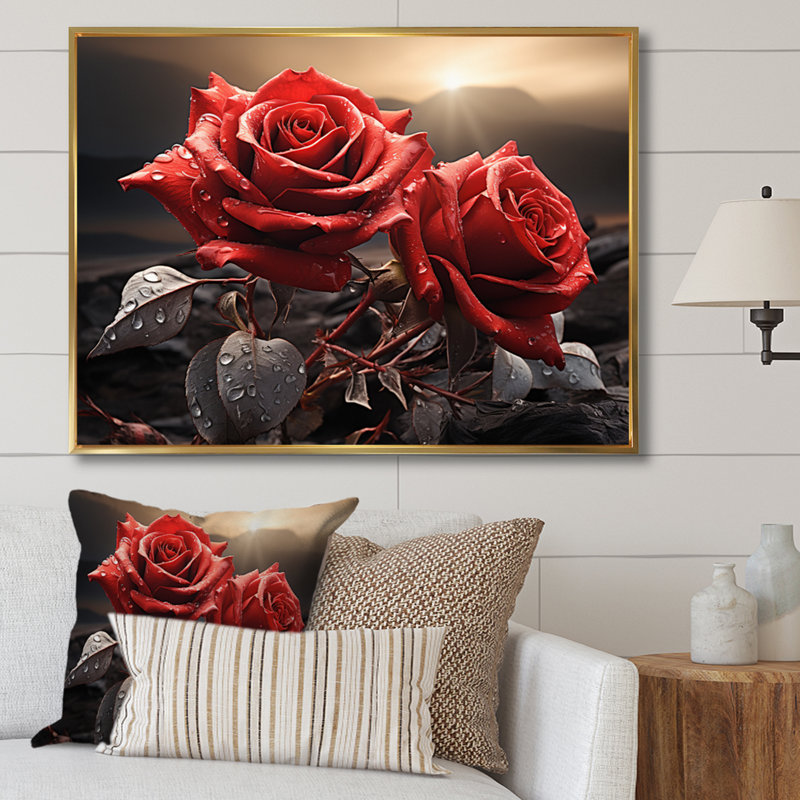 Champ de roses rouges et noires avec coucher de soleil, H 12 po x l 20 po x P 1 po, Cadre flottant doré