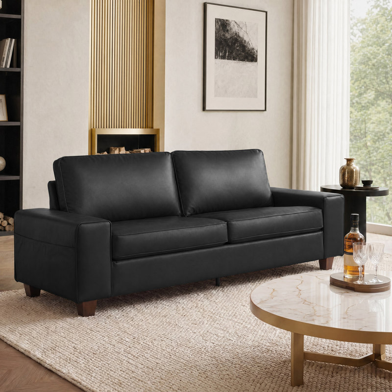 Gilmar 89" Upholstered Vegan Leather Sofa with Square Arms and Storage Pockets, Black