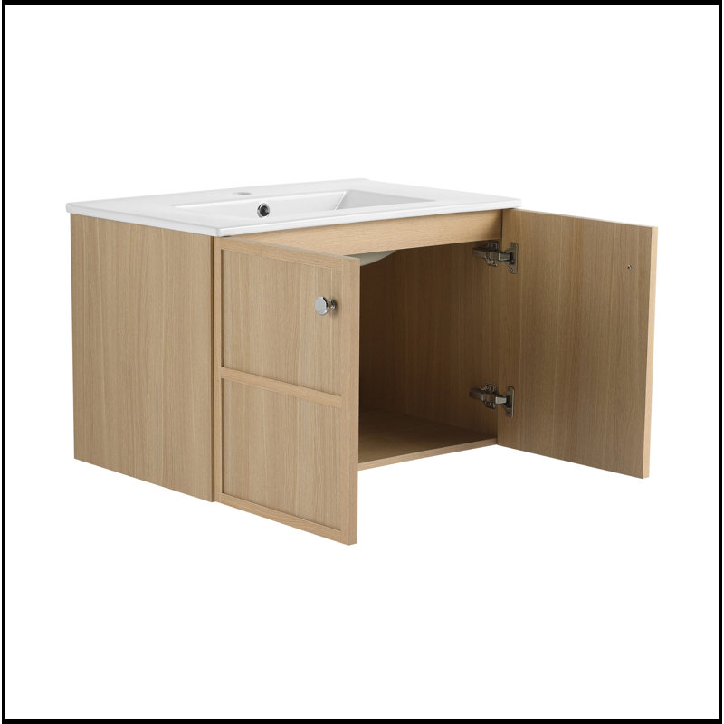 Lavabo de salle de bain mural en céramique, 2 portes à fermeture douce, chêne, contreplaqué, 30"