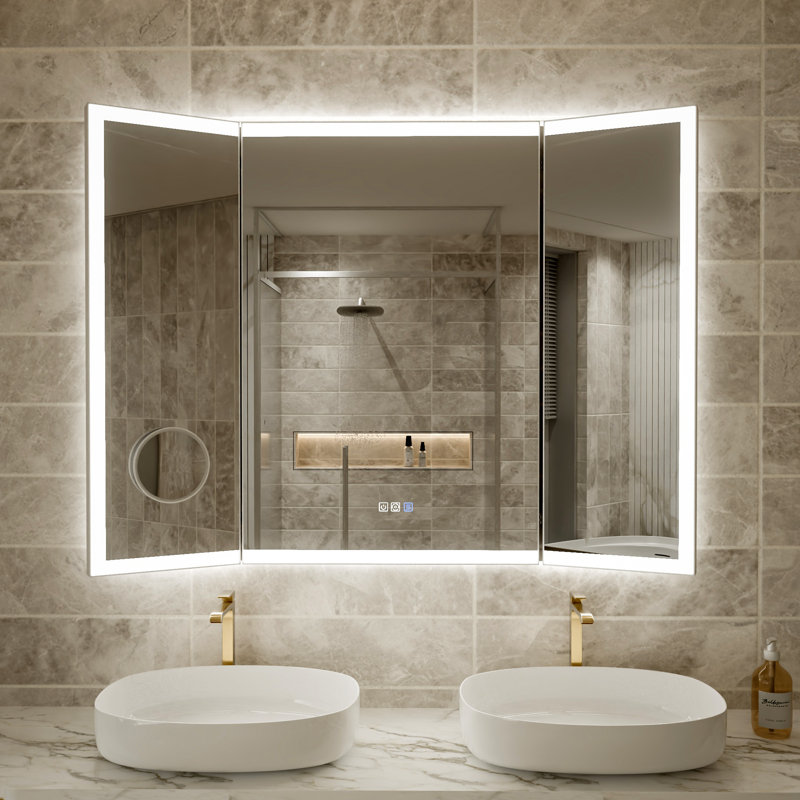 Smart Tri-Fold Bathroom Vanity Mirror Front/Backlit Lighting With Dual Light Strips With Movable Magnetic Magnifier