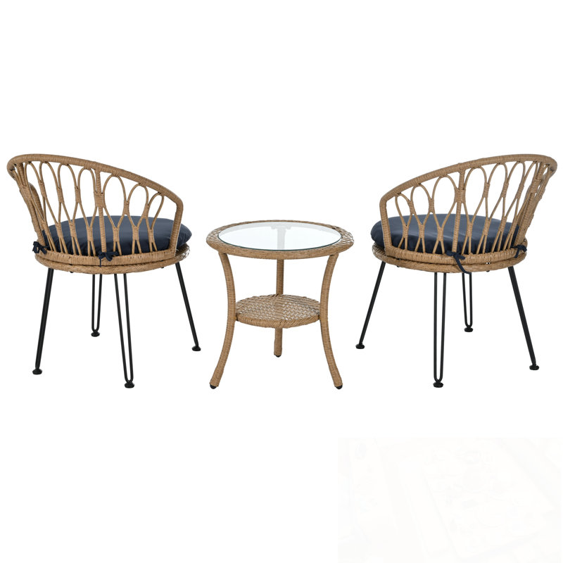 Lidio with 2 Rattan Chairs and Glass Round Table, Blue