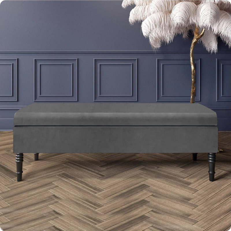 Safar Plain Upholstered Plush Velvet Ottoman Storage Bench with Black Turned Wooden Legs, Grey, 40cm H x 90cm W x 40cm D