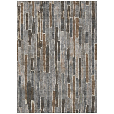 10' X 14' Pewter And Brown Striped Washable Indoor Outdoor Area Rug