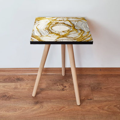 Elegant Abstract Marble Side Table, White & Gold with Black Accents, 13.8 x 16.5 x 13.8 inches | 100% MDF, Beech Wood Legs, 0.7-inch Thickness | Perfect for Modern Living Room & Bedroom Decor, Stylish & Functional