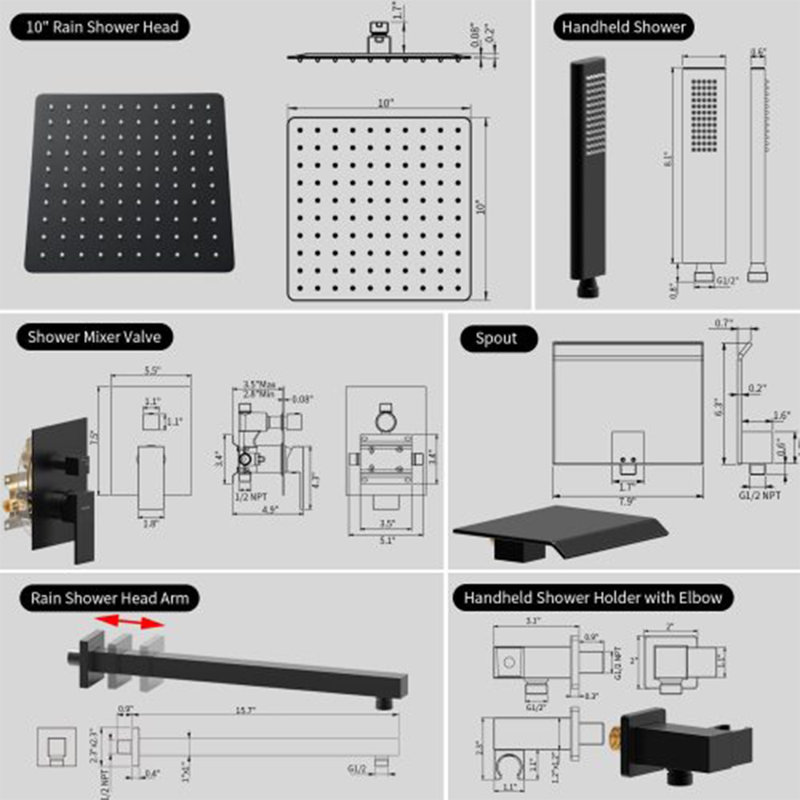 Système de douche complet à pression équilibrée (température et volume) avec valve brute, Noir mat