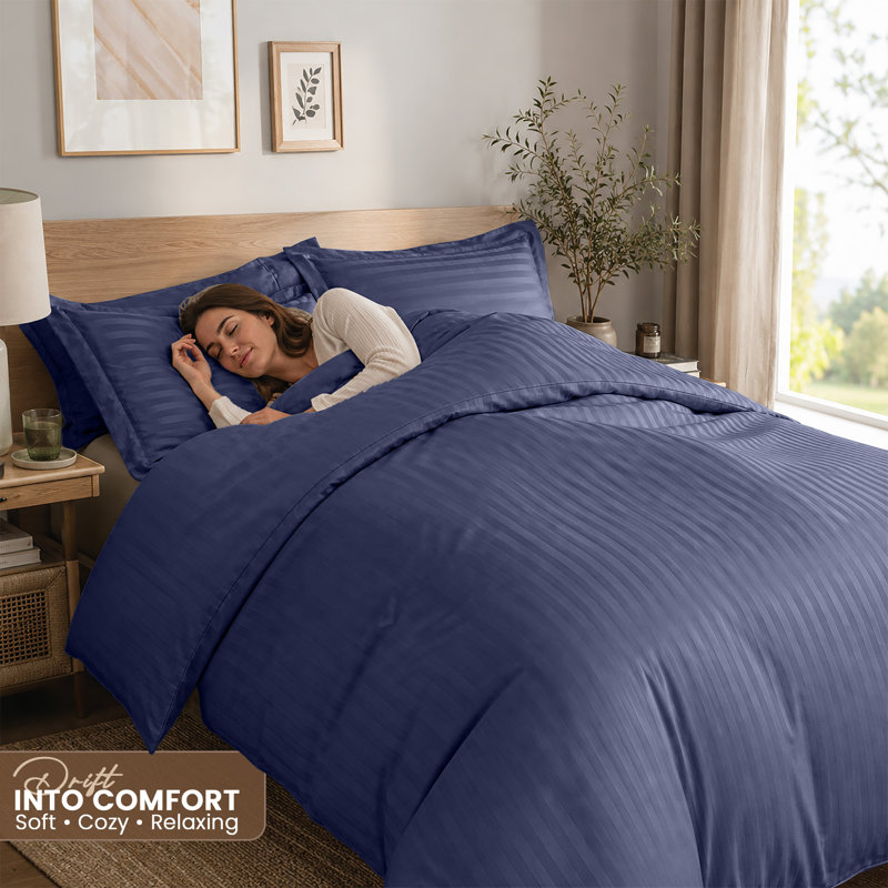 Imperial Homeware London Microfiber Striped Duvet Cover Set with Pillowcases Included, Washed Blue