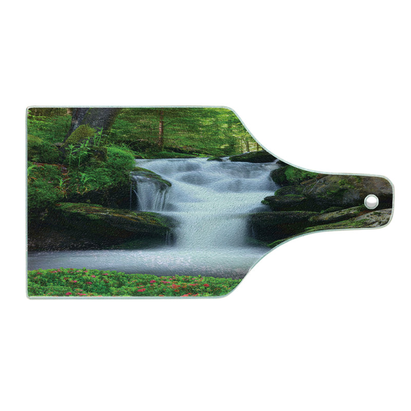 Ambesonne Nature, planche à découper en verre trempé, arbres, chute d'eau, vert, blanc
