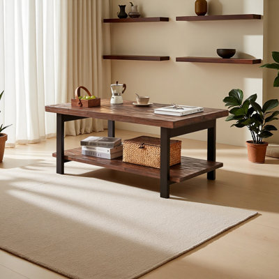 100% All‑Solid‑Wood Farmhouse Rustic Rectangle Coffee Table, Living Room Coffee Table with Open Storage Shelf, Heavy‑Duty Home Furniture