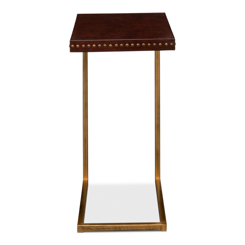 Brown Leather and Brass Rectangular Laptop End Table